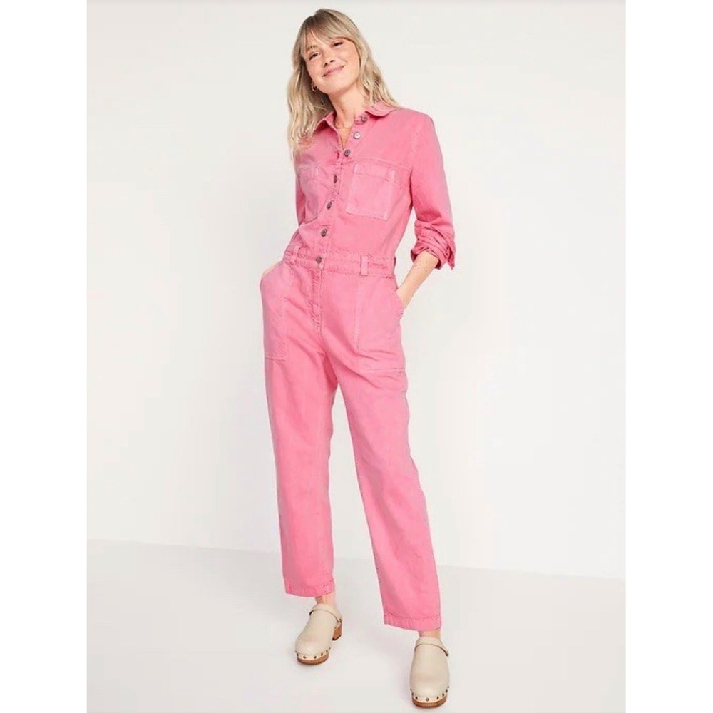 Old Navy Pink Denim Utility Jumpsuit Long Sleeve Cropped Boiler Suit Small